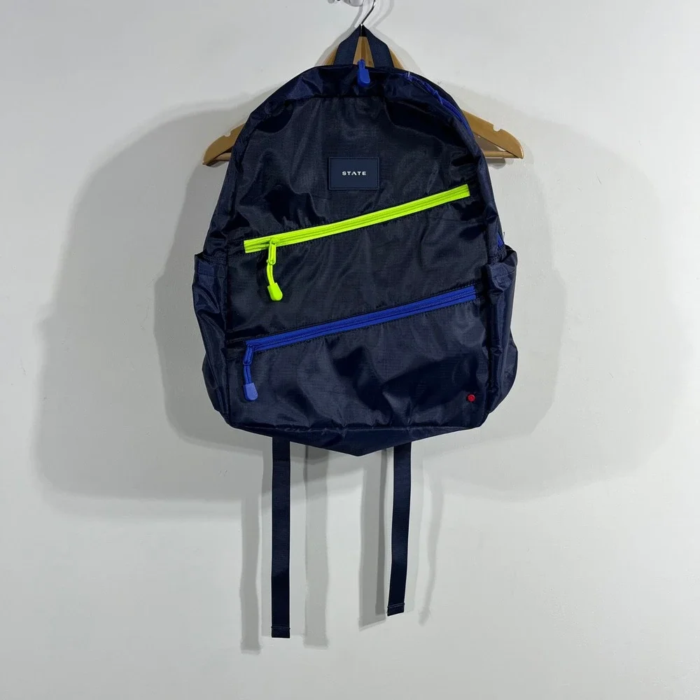 STATE Kane Kids Ripstop Backpack Navy Blue Neon Yellow Blue OS Travel Outdoors